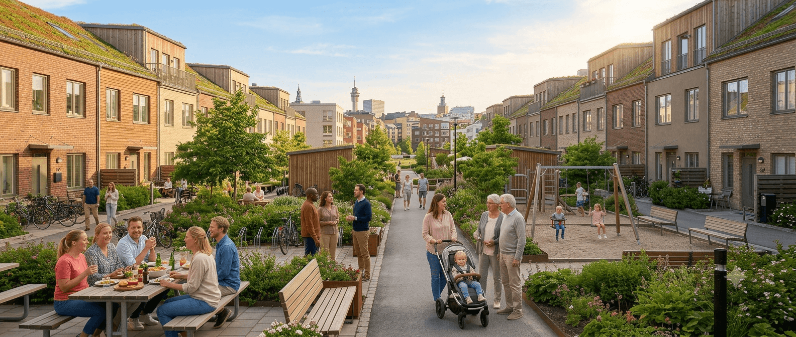 Grannar umgås och barn leker på gården en solig dag