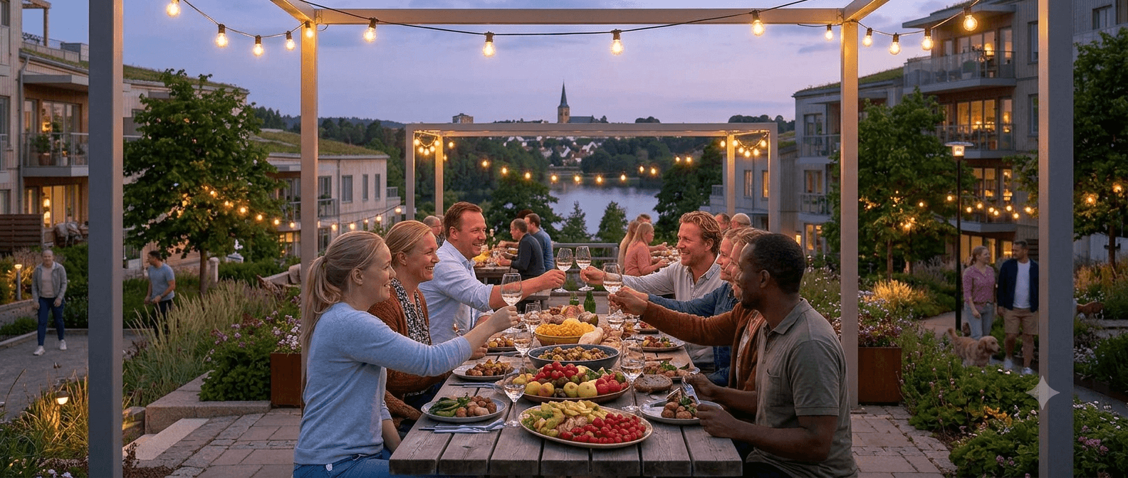 Grannar äter middag tillsammans på gården en sommarkväll